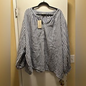 NWT Women's Plus Blue Striped Long Sleeve 1/2 Placket Blouse Universal Thread 4X